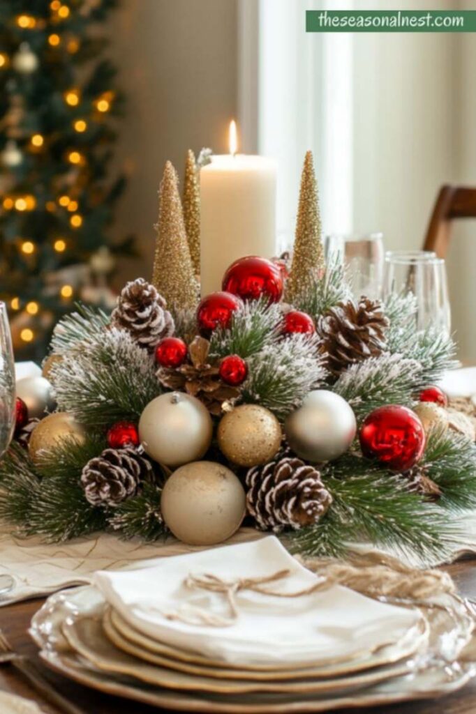 Rustic Christmas centerpiece with frosted pine, ornaments, and candles.
