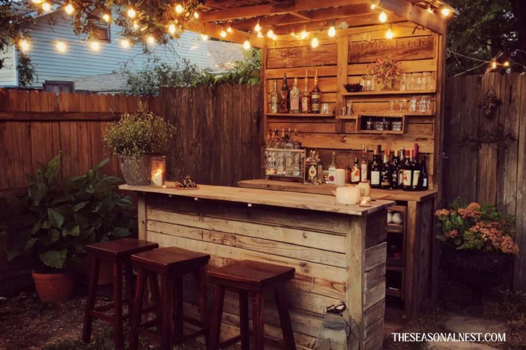 Rustic backyard bar ideas DIY patio bar with wood shelves and string lights.