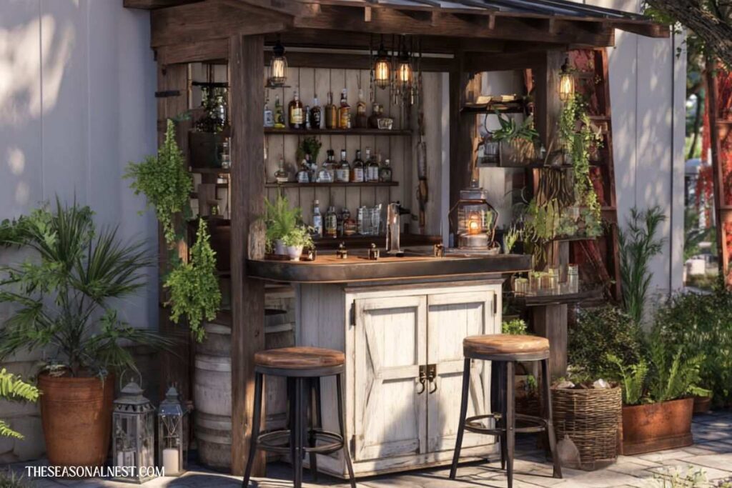 Rustic outdoor bar made from a wooden garden structure with shelves, bottles, stools, plants, and lantern lighting.