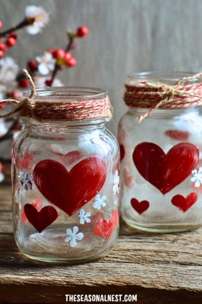 Valentine mason jar candle holders with hand painted red hearts, twine wrapped rims, and rustic table decor.