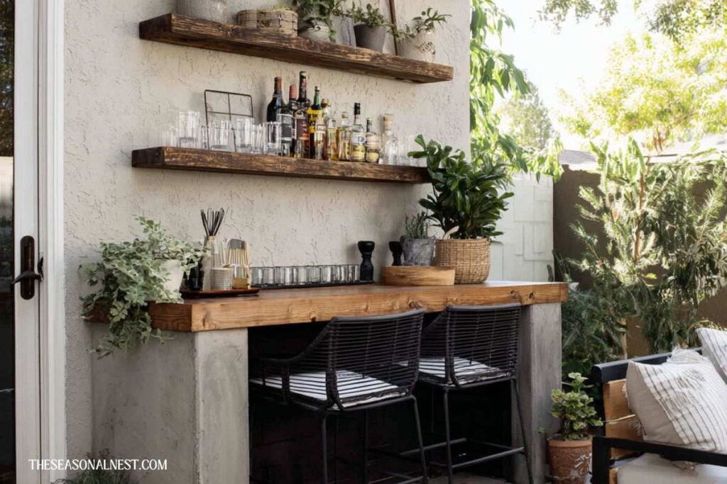 Minimal outdoor bar with wooden counter, floating shelves, bottles, glassware, plants, and black stools on a patio.