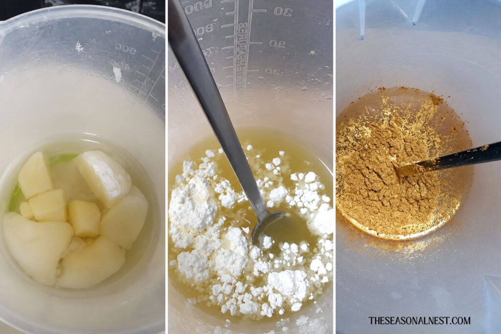 Melting and mixing shimmer lotion bar ingredients.