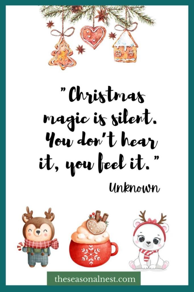 A cute Christmas card with a short quote and gingerbread and reindeer illustrations.