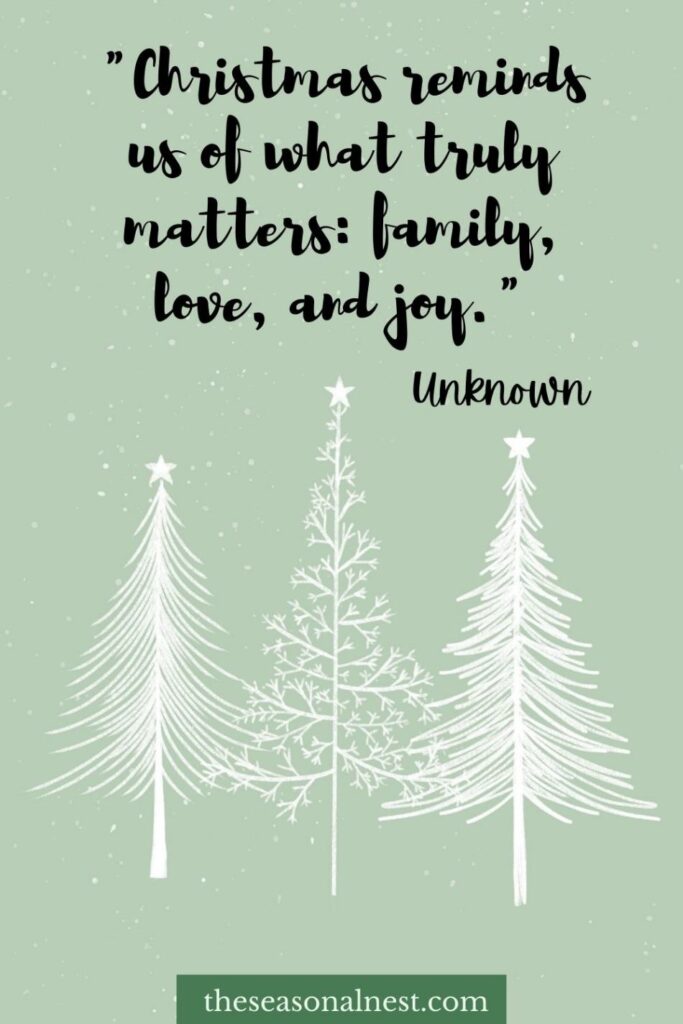 Minimalist green card with white trees and a cute holiday quote.