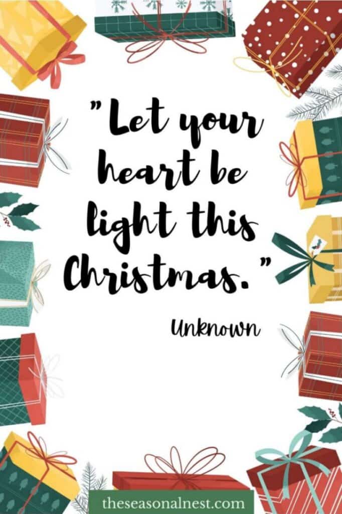 Festive card with colorful presents and a cheerful holiday quote.