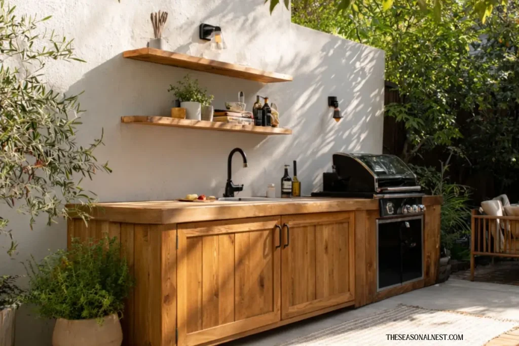simple backyard kitchen wood cabinet design
