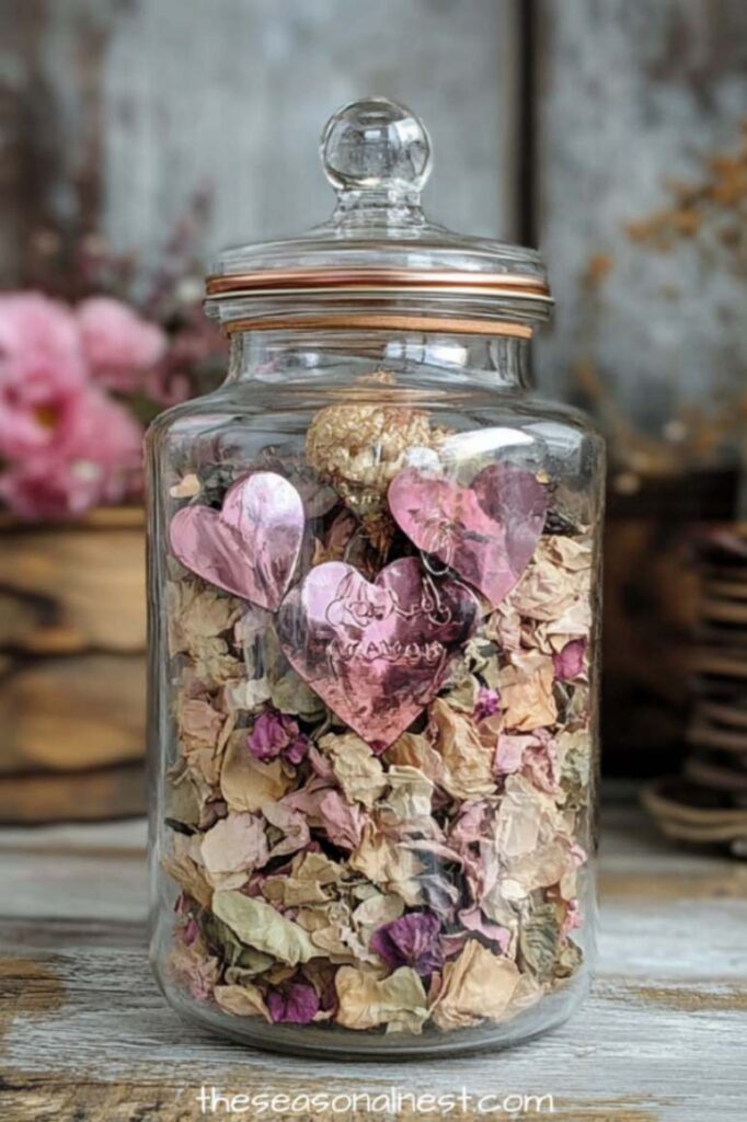 Valentine glass jar filled with dried flower petals and pink heart decorations, romantic farmhouse style table decor.