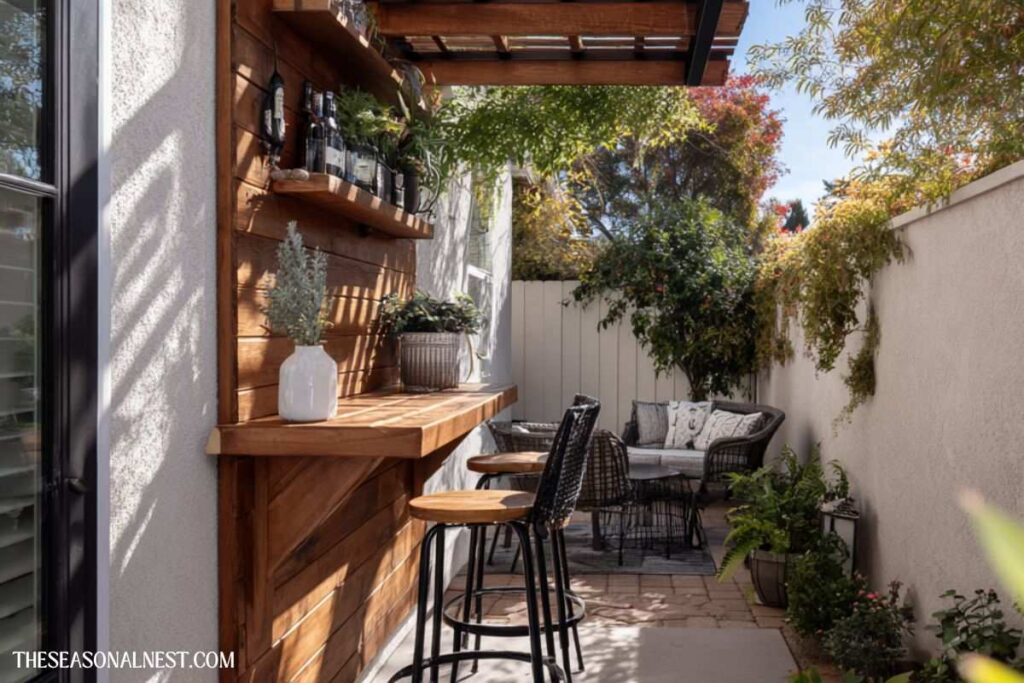 A wall-mounted wooden bar with stools in a narrow backyard space.