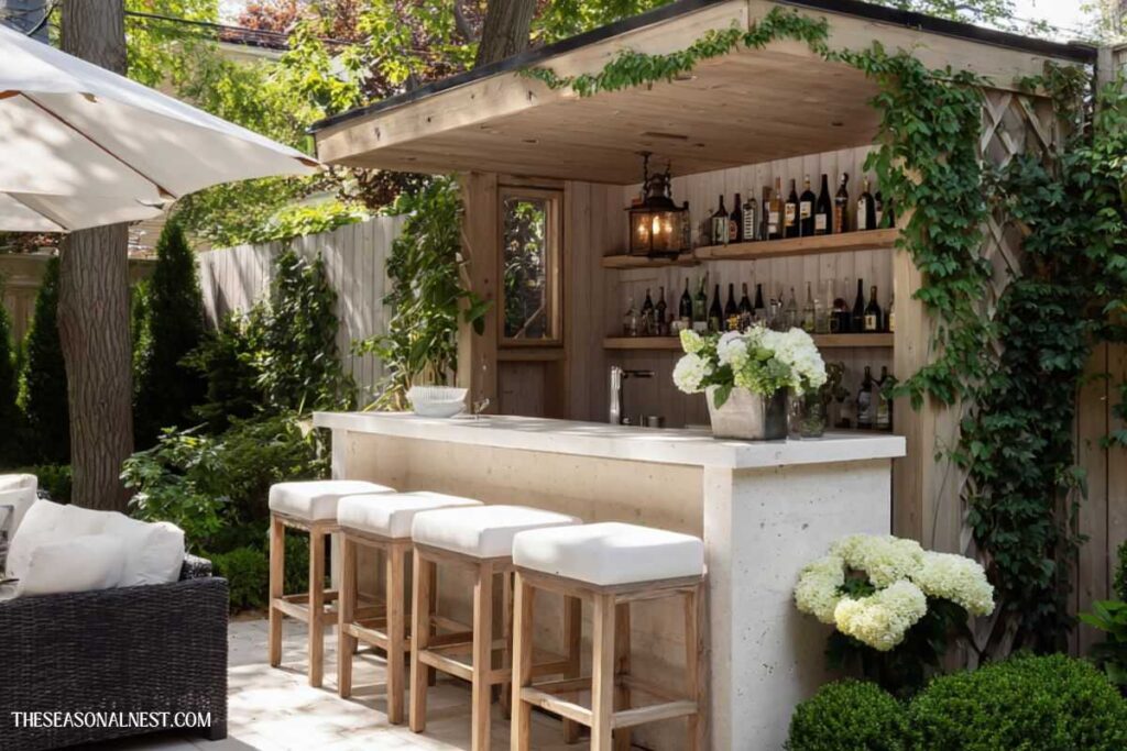 Outdoor bar ideas backyard with covered structure, counter and bar stools.