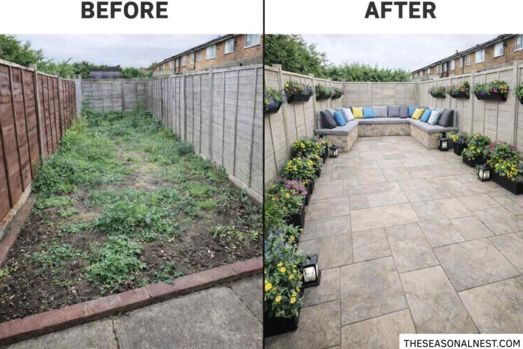 Before and after small backyard makeover featuring a paved patio with built-in corner bench seating, colorful outdoor cushions, and flower planters.