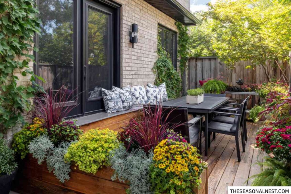 Small backyard deck with dining table, built in bench seating, and colorful planter beds filled with flowers and greenery.