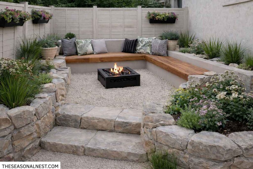 Small backyard seating area with built-in wooden benches, stone steps, garden plants, and a square fire pit surrounded by gravel.