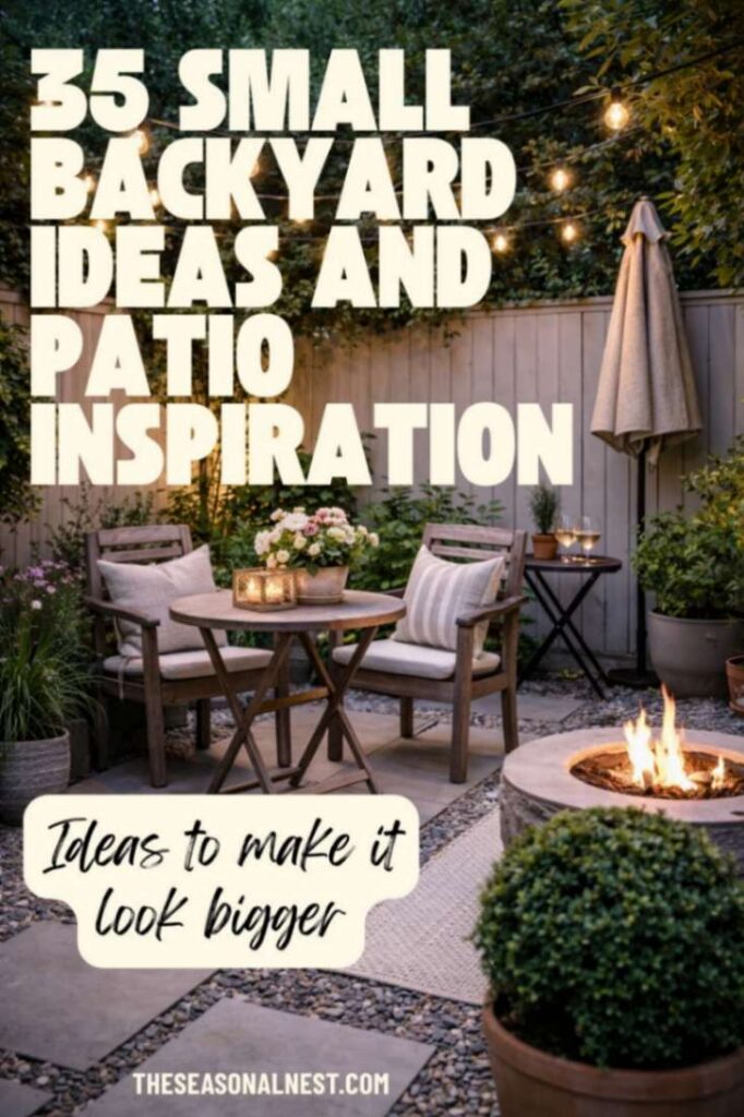 Small backyard patio with pavers, gravel ground, string lights, compact wooden table and chairs, fire pit, and potted greenery designed to make a small space look bigger. and the words: Small Backyard Ideas to Make it Look Bigger.