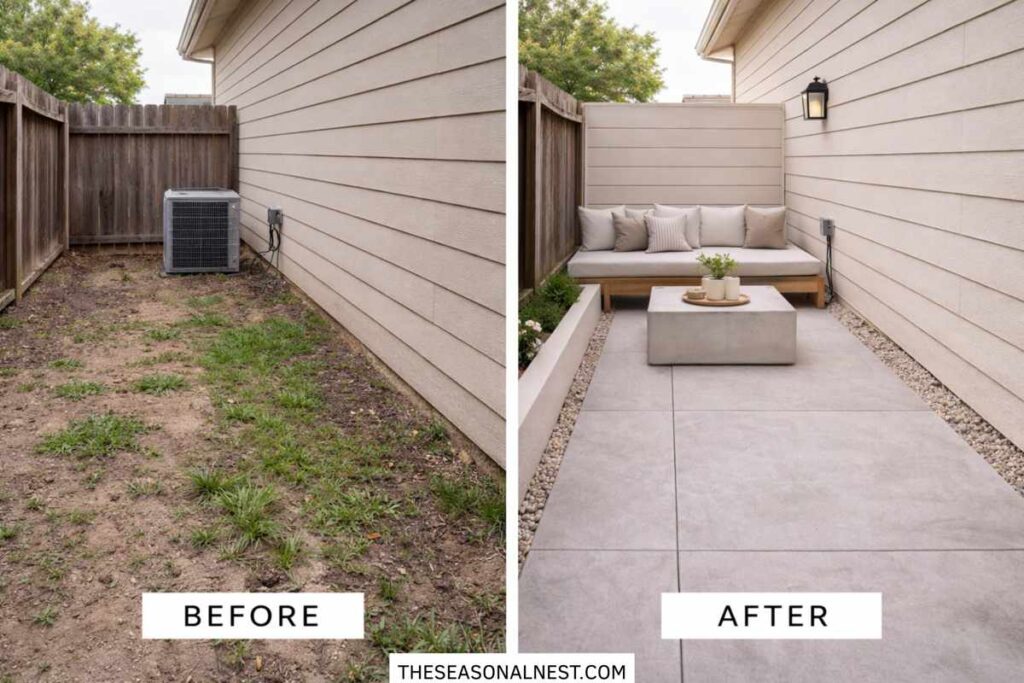 Before and after transformation of a long, narrow backyard into a modern, small patio with concrete pavers, built in bench seating, and neutral outdoor cushions.