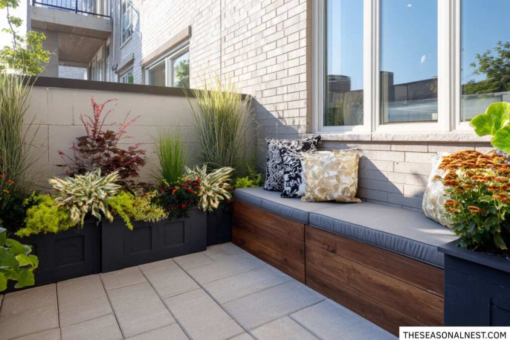 Small modern patio with built-in bench seating, decorative pillows, raised planters, and contemporary paving.