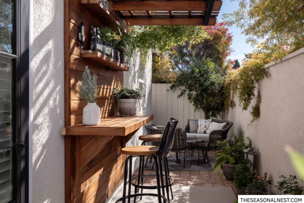 Small narrow patio with wooden outdoor bar counter, stools, plants, and cozy seating area at the end of the space.