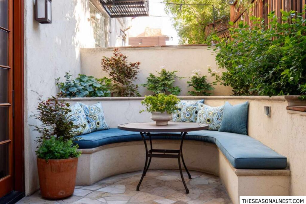 Small patio with built in corner bench seating, blue cushions, a round table, and surrounding greenery.
