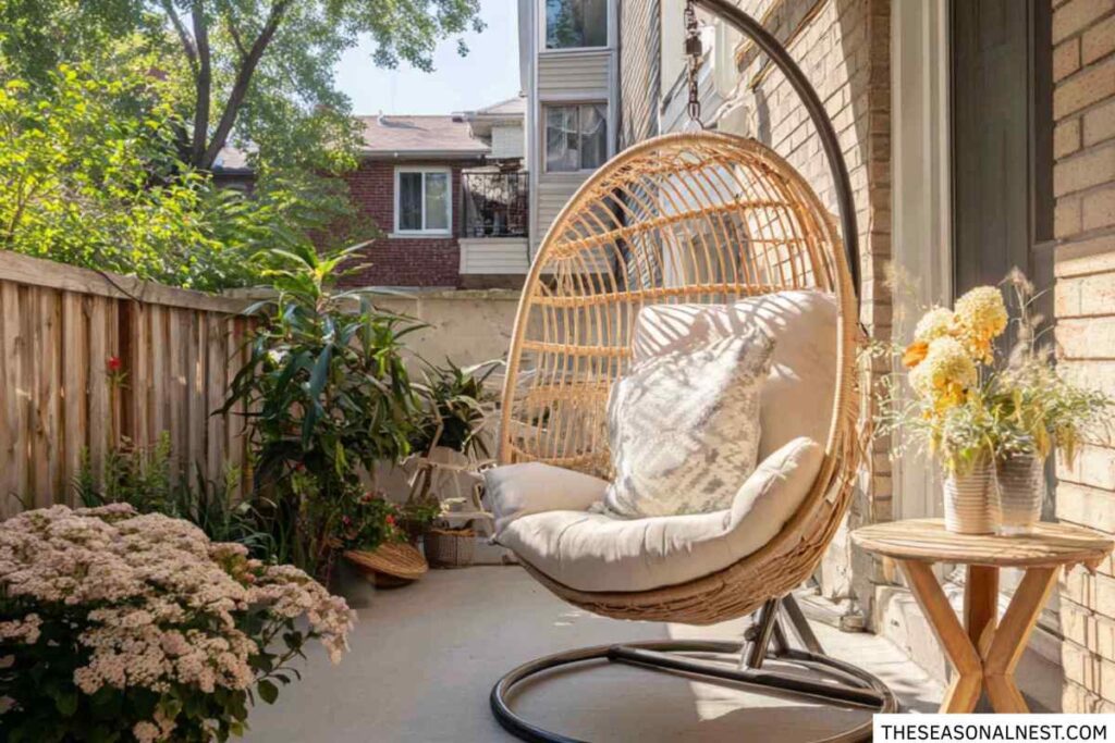 Small backyard patio with a hanging egg chair, side table, plants, and soft sunlight, creating a relaxing outdoor space.
