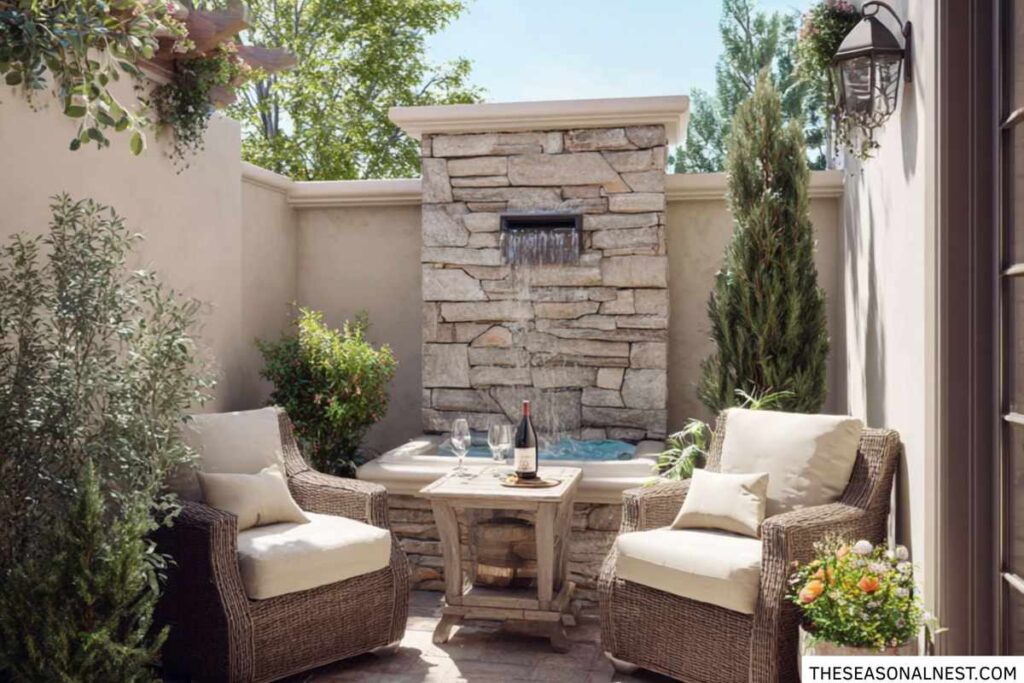 Small patio with stone wall fountain, two wicker chairs and a small table creating a cozy outdoor seating area.