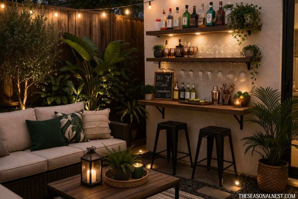 small shelf bar ideas cozy backyard lighting