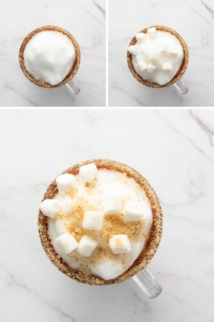 Frothed milk, mini marshmallows and graham cracker crumbs added to a s’mores latte
