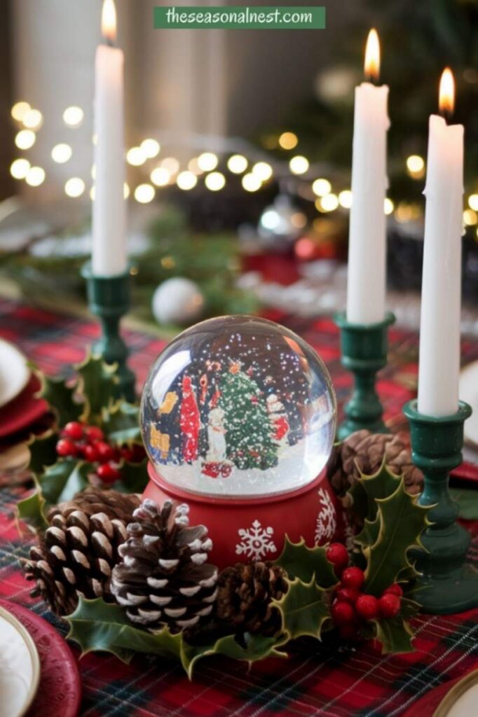 Christmas centerpiece with snow globe, holly, and pinecones.
