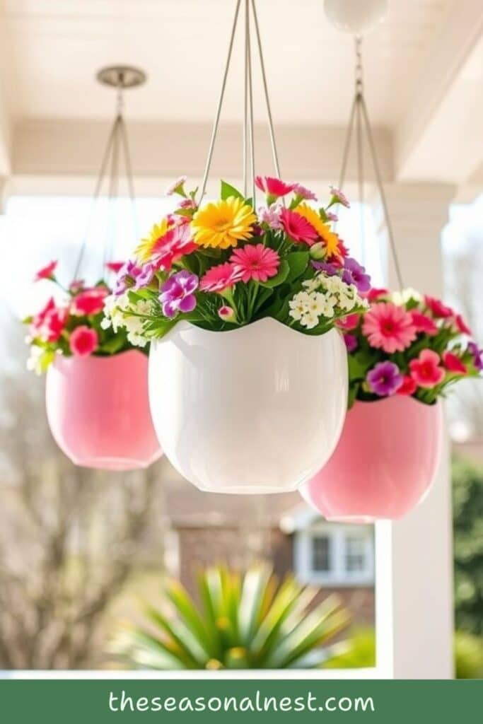 Three hanging planters in white and pink filled with bright spring flowers like daisies and pansies on a sunny front porch.