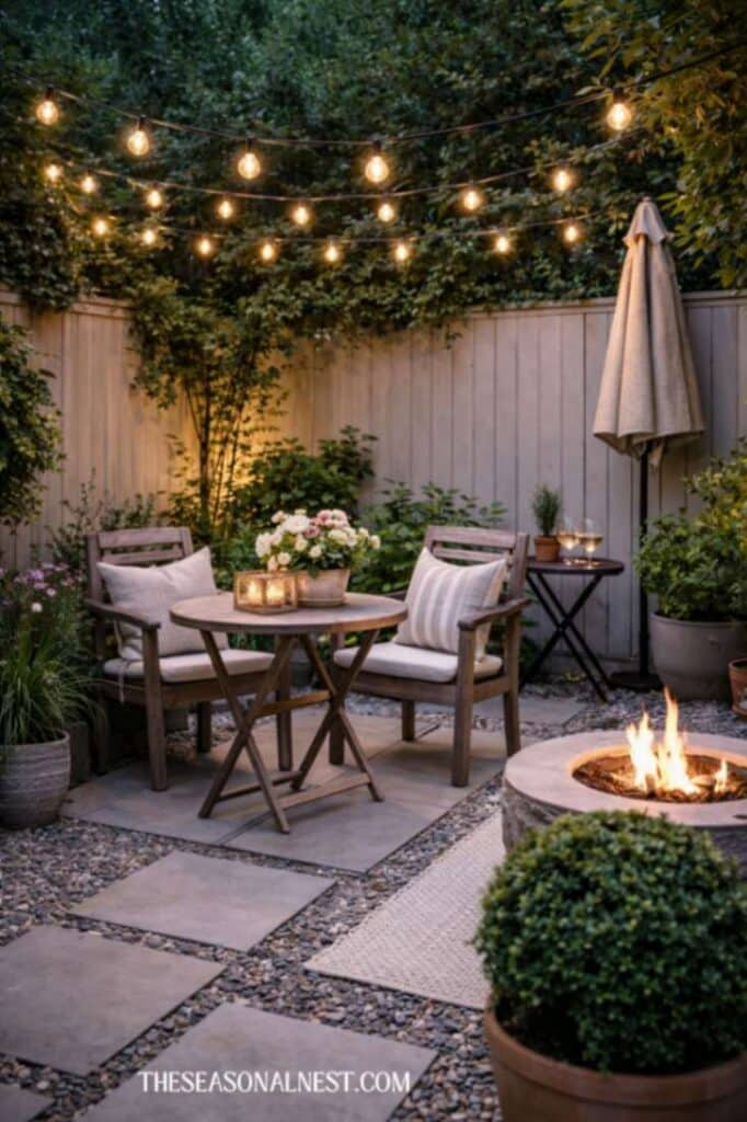 Overhead string lights, a round table with two chairs, a fire pit, and some big planters.