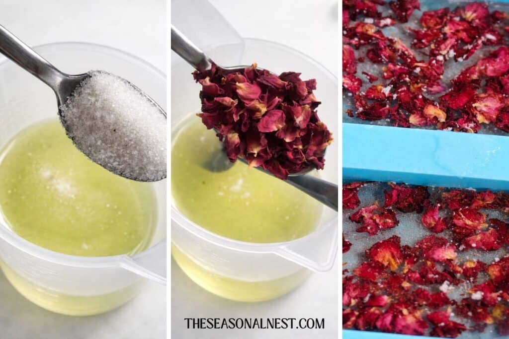 Spoon adding sugar to melted oils in a bowl with dried rose petals and a silicone mold filled with rose sugar scrub mixture.