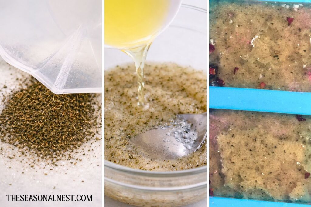 Dried green tea added to sugar, melted oil poured into the bowl, and the scrub mixture pressed into a silicone mold.