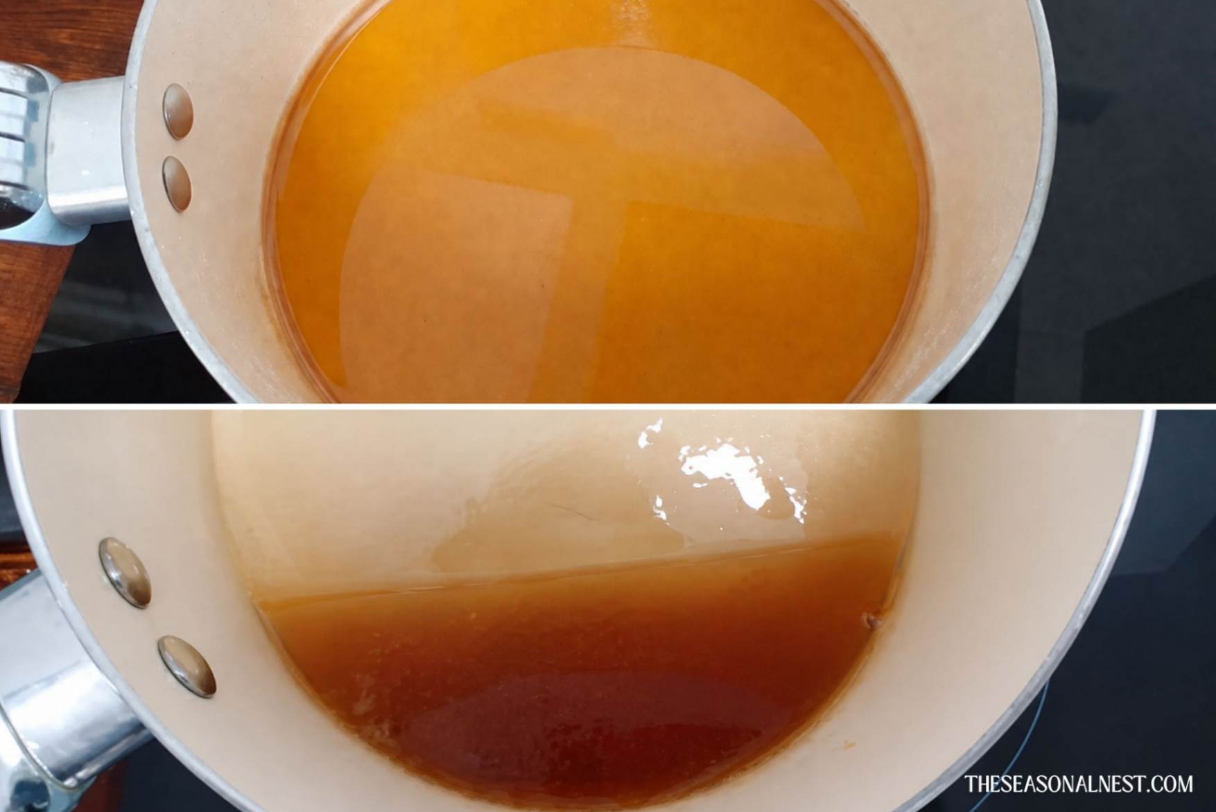 Liquid sugar wax in a saucepan.