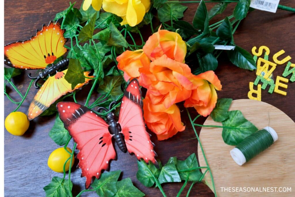 Supplies to make a flower wreath