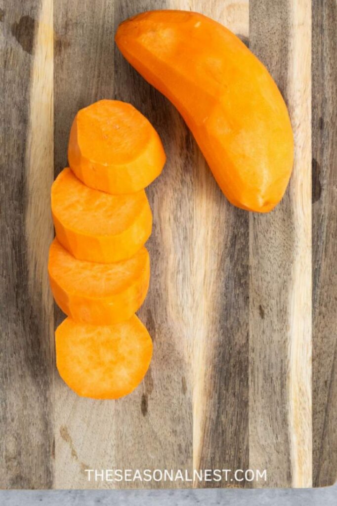 Sweet potatoes rounds on a wooden surface