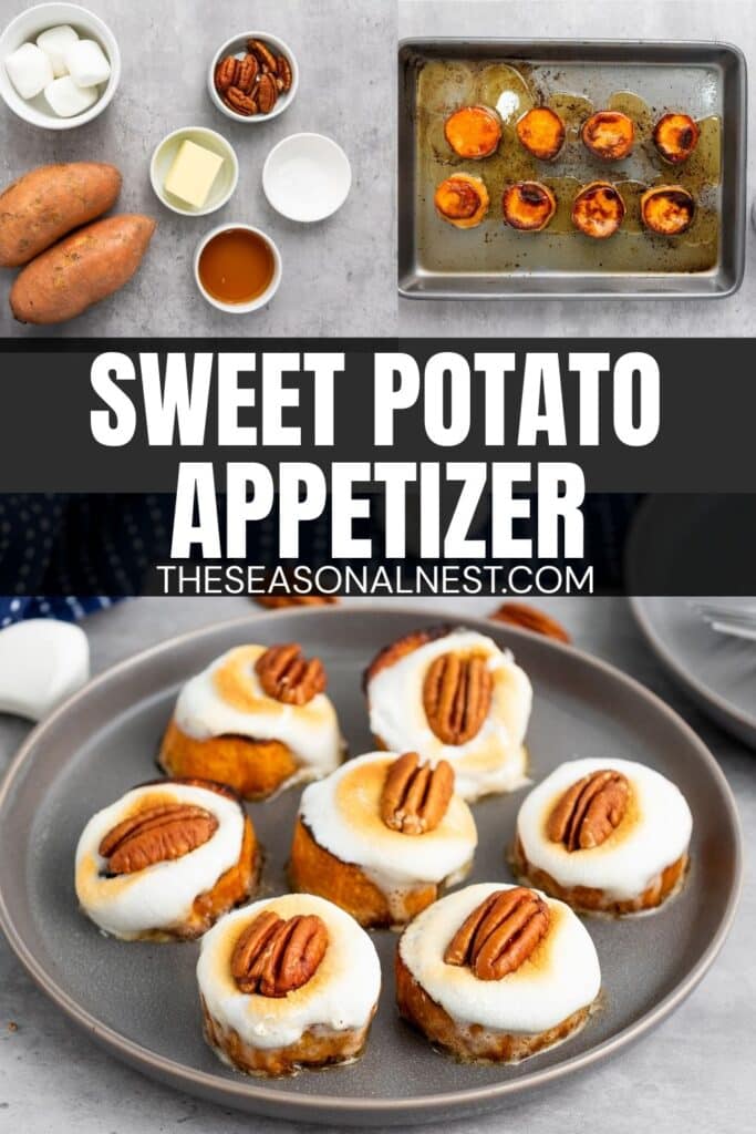 Sweet Potato Appetizer with marshmallows and pecans baking on a tray and displayed on a plate