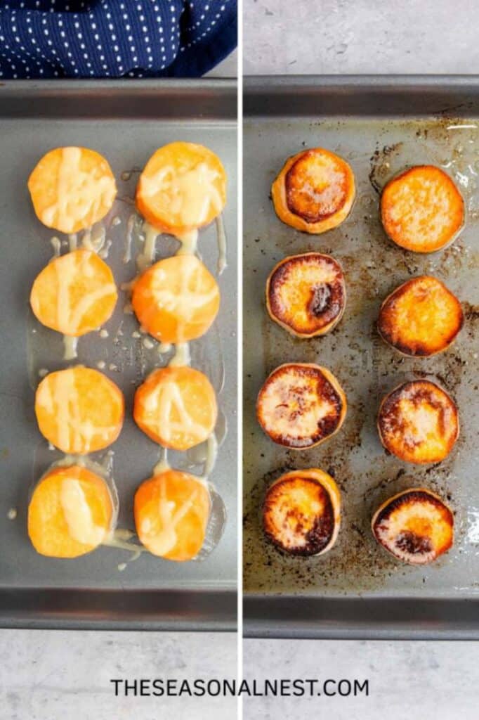 Baked sweet potatoes rounds over a baking tray