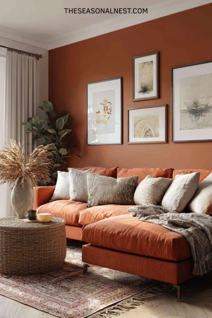 Earthy farmhouse living room with terracotta accent wall, rust sectional sofa, woven side table, and layered neutral cushions for a warm rustic feel.