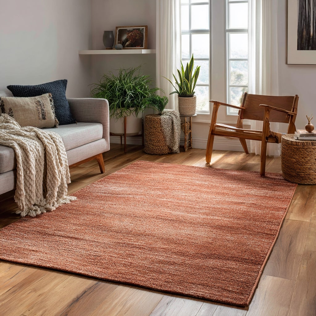 Cozy farmhouse living room with terracotta area rug, light gray sofa, woven baskets, wood accent chair, and layered natural textures.