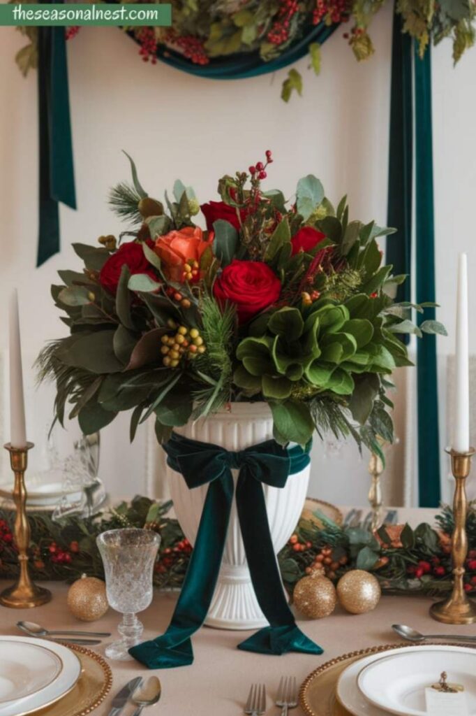 Christmas table centerpiece with red roses, gold ornaments, and greenery.