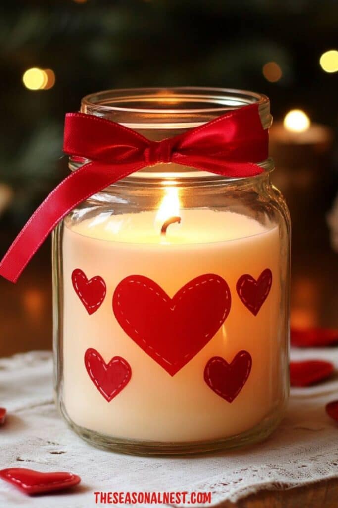 Valentine candle jar with red heart accents, glowing white candle, red ribbon tied around the rim, and cozy table setting