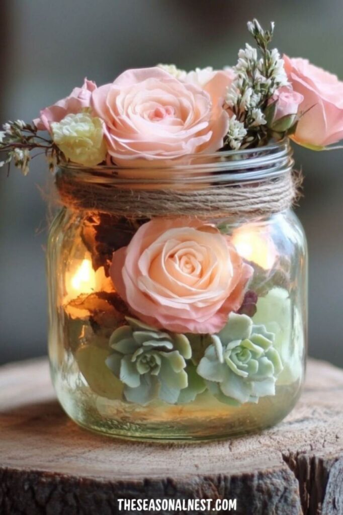 Valentine mason jar centerpiece with pink roses, green succulents, twine wrapped rim, and candle glow on a rustic surface.