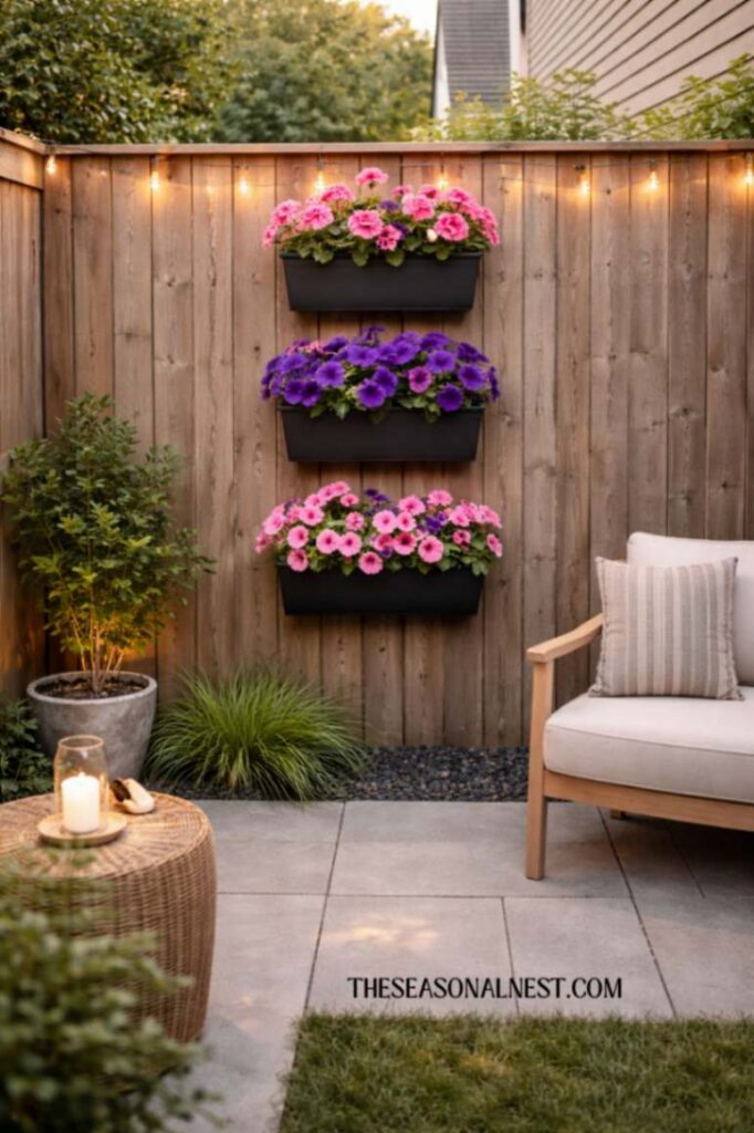 Large vertical wall flower planters, a chair with cushions and a small table.