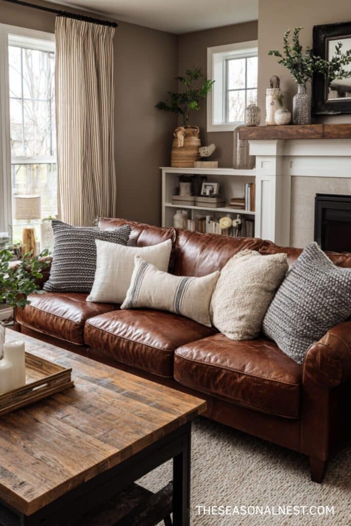 Warm taupe farmhouse living room with brown leather sofa, layered neutral pillows, wood coffee table, and soft earthy wall color.