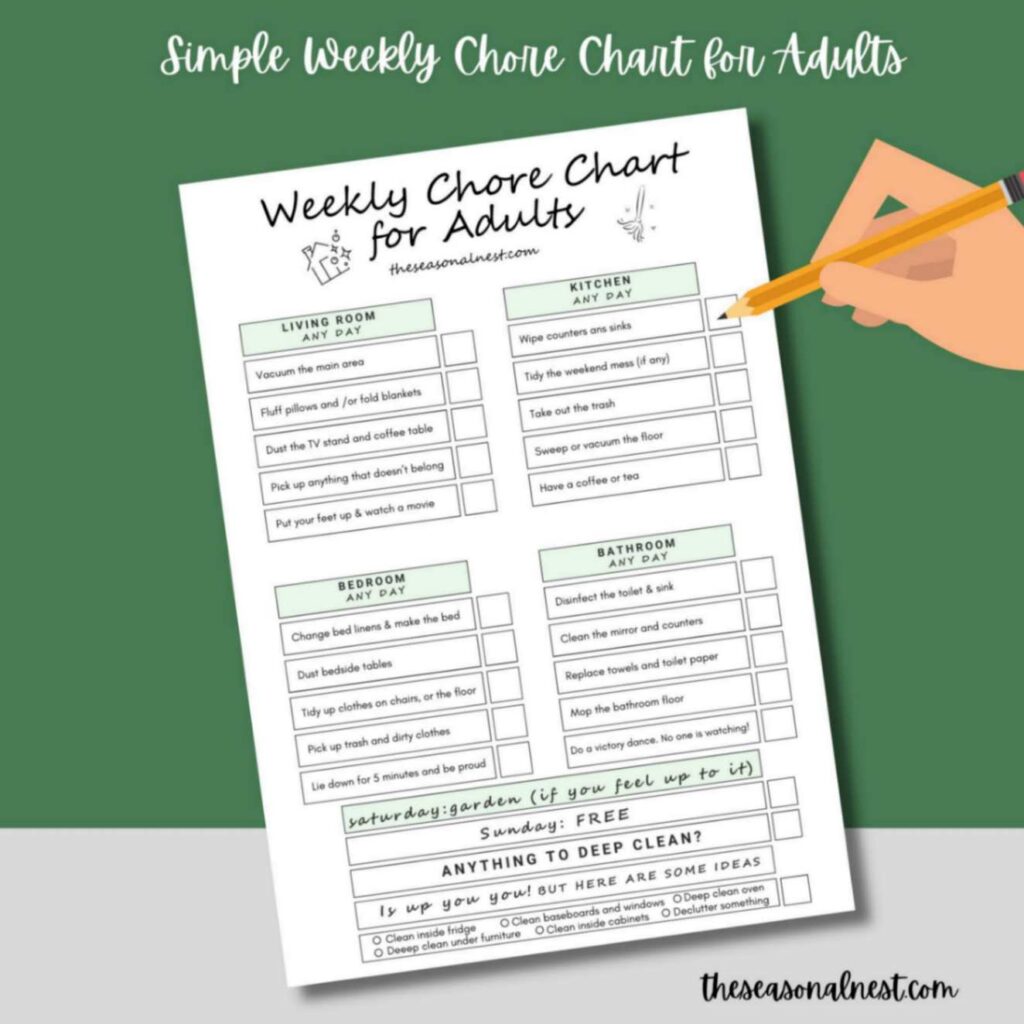 A weekly chore chart in a printable form to help busy people clean their homes