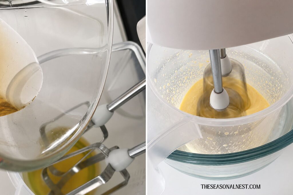 Adding rosewater to the butter and oil mixture.