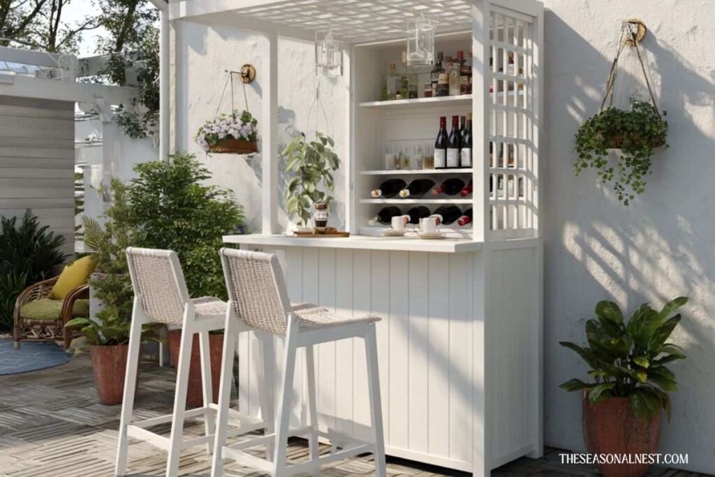 A white outdoor bar under a pergola with two stools.