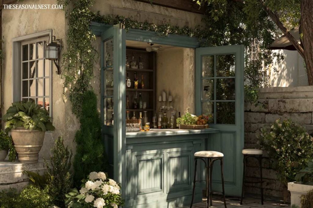 Outdoor window bar with green wooden frame, shelves, bottles, counter, stools, and plants in a garden patio setting.