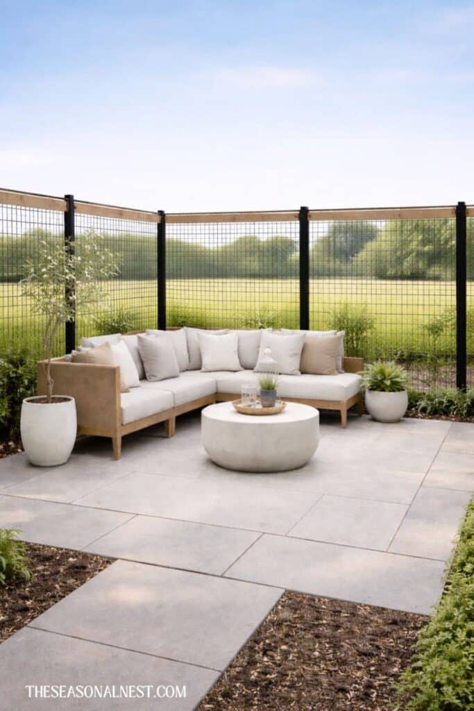 A see-through fence, a corner sitting area with a round table, big slabs and a few big planters.